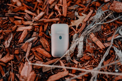 棕色干树叶上的白色三星安卓智能手机